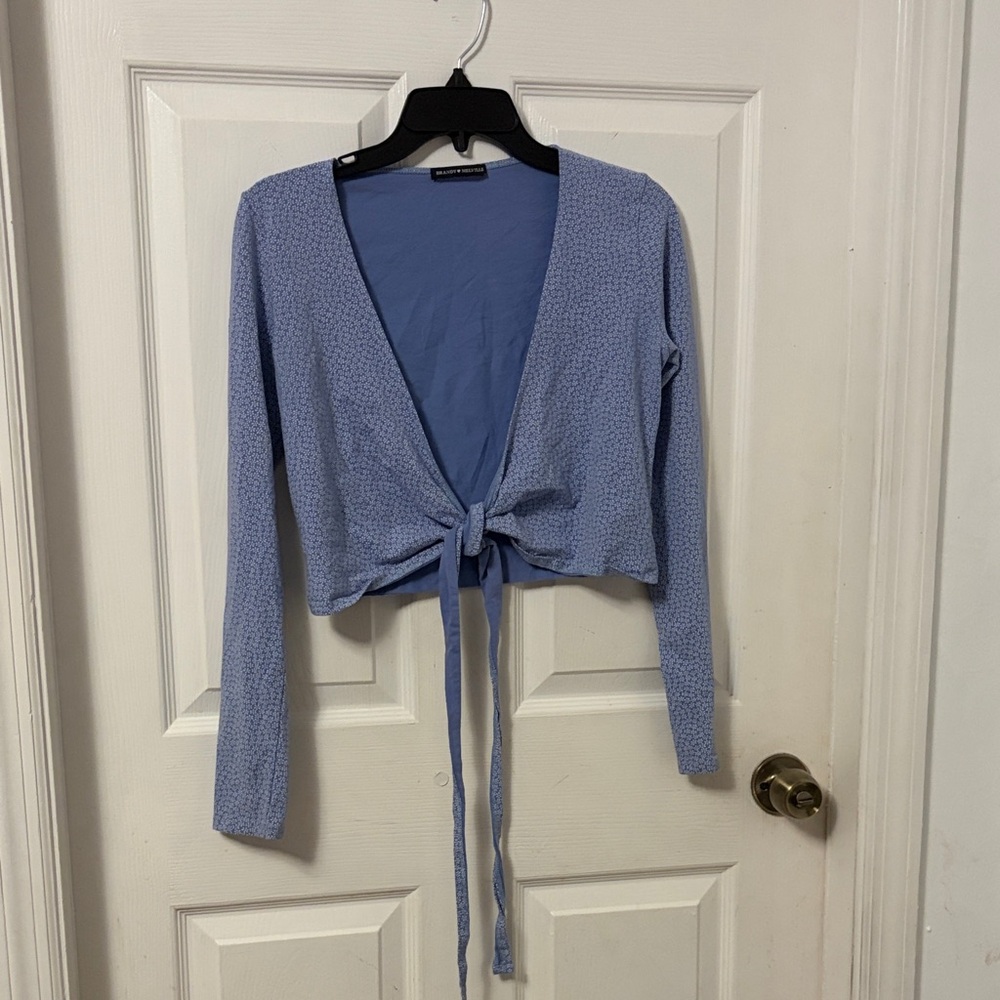 Brandy Melville Coco Light Blue Tie-Front Long Sleeve Crop Top